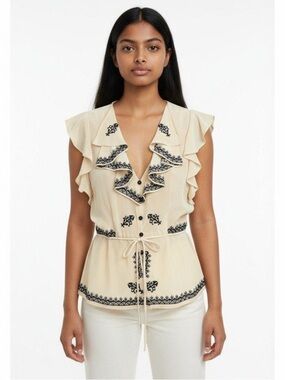 Vintage Plenty by Tracy Reese Y2K Silk Embroidered Ruffle Sleeve Blouse Cream 8